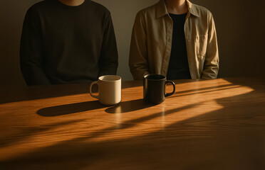 Two people seated side by side with contrasting coffee mugs in warm light, creating a visual metaphor for distance and difference.
