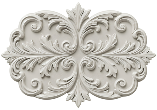 Intricate white plaster molding with rococo design. Features swirling leaves and ornate details. Suitable for interior decor.