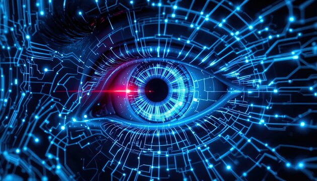 Digital eye network design with intricate circuitry.