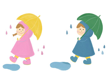 傘を持っている子供、雨の日の男の子と女の子、6月の色鉛筆風イラスト、子供の手描き風イラスト、６月の手描き風イラスト