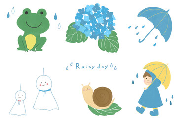雨の日の手描き風イラスト、６月のゆるいイラスト、雨の日の子供素材セット、