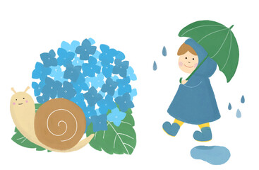 傘を持っている子供、雨の日の子供、カタツムリと紫陽花、子供の手描き風イラスト、６月の手描き風イラスト