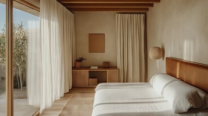 Minimalist room showcasing clean leather headboard and wooden floors