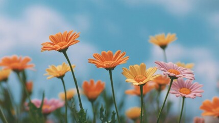 Vibrant Daisies in Bloom Against a Bright Blue Sky Background