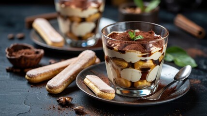 Layered Tiramisu Dessert in Glass with Cocoa and Ladyfingers.