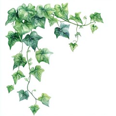 Watercolor Green Ivy Plant Leaves Cascading Down Artistically Styled on White Background Serene