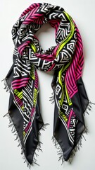 Vibrant geometric patterned scarf with black, pink, and green details on white background