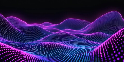 Neon Wave Abstract Purple and Blue Dot Landscape on Black Backdrop.