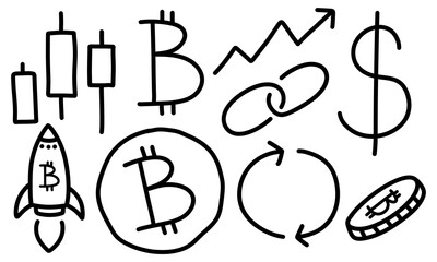 Crypto doodle icon set with hand drawn design style.Bitcoin icon,candlestick,chart,coin,etc. 