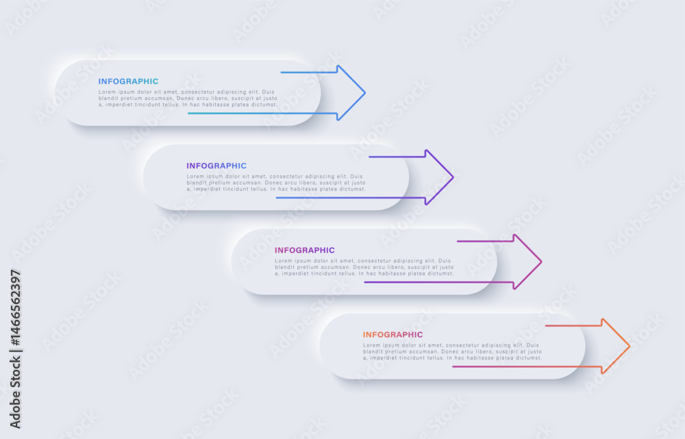 Fototapete neumorphism infographic design template with arrows. four steps or options with text