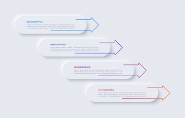 Neumorphism infographic design template with arrows. Four steps or options with text