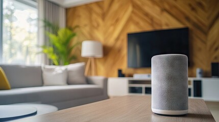 Smart speaker displaying audio content and connected home device list