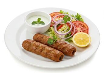 Seekh kebab with salad isolated on white background