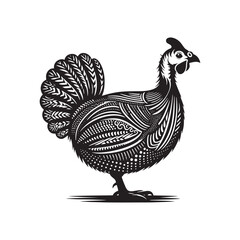 Helmeted Guineafowl Vector Silhouette, Elegant Ground Bird Design, Detailed Avian Outline, Nature-Inspired Wildlife Art, Unique Bird Illustration.