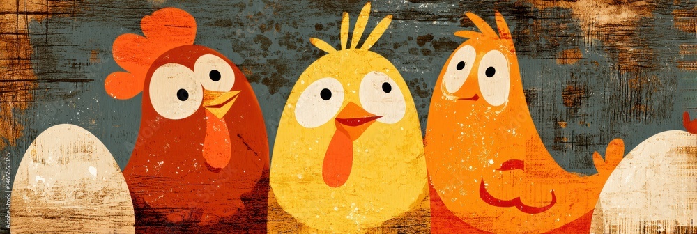 Aufkleber Whimsical Cartoon Hens Gather Around Colorful Eggs in a Rustic Setting While Enjoying Their Afternoon Generative AI