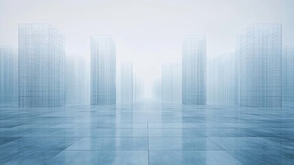 Abstract wireframe city landscape with reflective tiles, hazy sky background, future concept