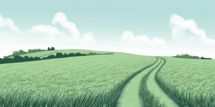 Rolling Hills Green field with clouds, tire tracks, and nature landscape.