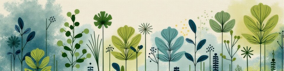 Abstract botanical art with stylized green and blue leafy plants