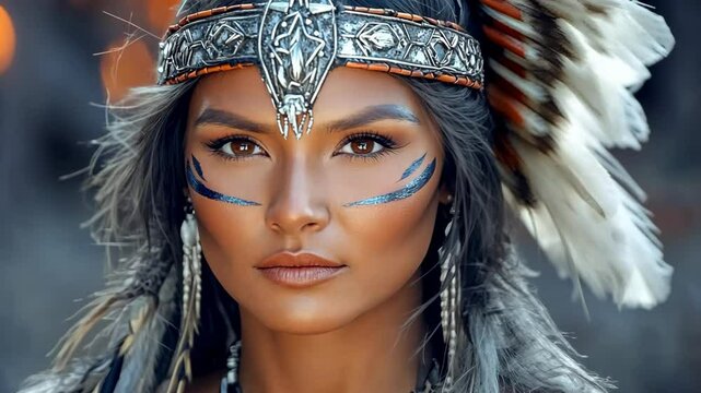 close up face portrait pretty native American woman in traditional attire wearing feather headdress smiling at outdoor 