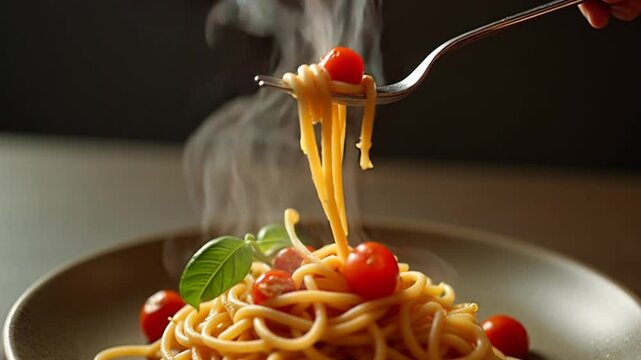 Steaming spaghetti twirled on a fork with cherry tomatoes  