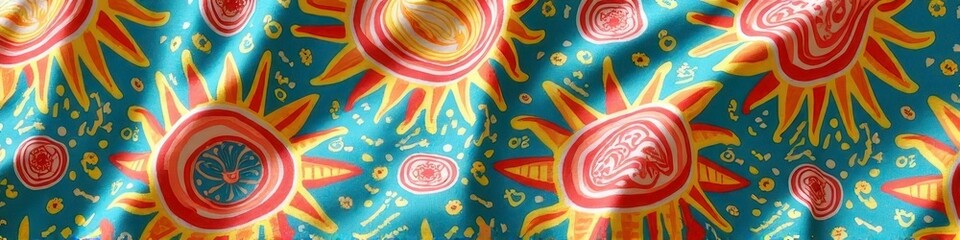 Vibrant sunburst pattern on blue fabric with spirals and dots