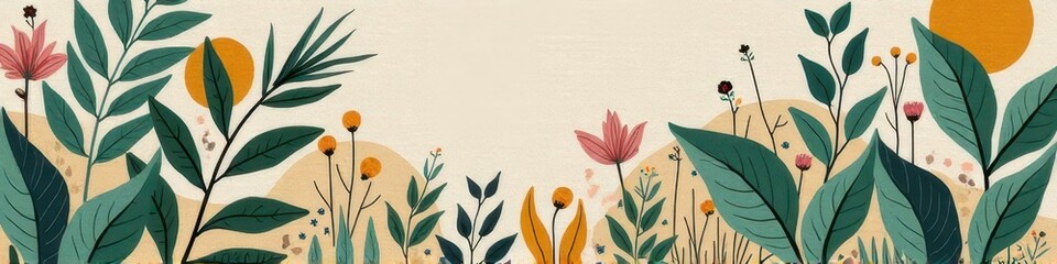 Colorful botanical illustration with various plants and bright sun