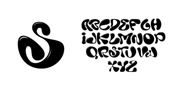 Abstract black Y2K alphabet. Black liquid ABC isolated on white background. Brutal typography design. 3D vector illustration in bubble brutalism style. Groovy modern alphabet. Funky letters
