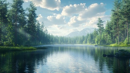 Fototapeta premium Tranquil lakes, forests, mountains, sky