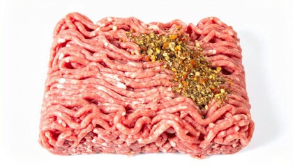 Ground Meat with Spice Blend on Isolated White Background