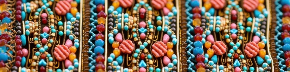 Colorful beaded mosaic with vibrant stones in symmetrical rows
