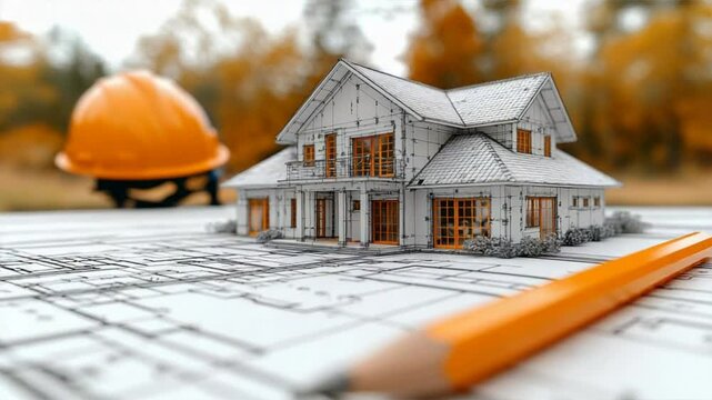 Blueprint for a Dream Home: Architectural blueprint with a scale model of a house, alongside a hard hat and pencil, depicting construction plans and the vision of a new home.