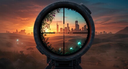 Sniper scope view of a city skyline during sunset