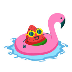 watermelon slice mascot character using flamingo swimming float illustration