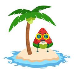 watermelon slice mascot character drinking coconut on the beach illustration