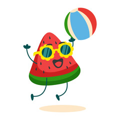 Watermelon slice mascot character wear glasses playing beach ball illustration