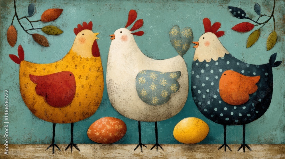 Poster Whimsical Cartoon Hens Chatting Together in a Colorful Farmyard Setting With Eggs and Rustic Elements Nearby Generative AI