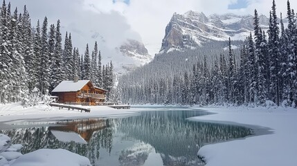 Snowy winter cabin on a frozen lake nestled in mountains.