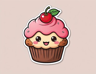 Cute Cartoon Cupcake with Pink Frosting and Cherry