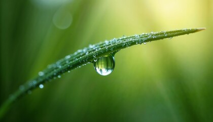 Obraz premium Close-up of a water droplet on a green leaf with soft sunlight in the background