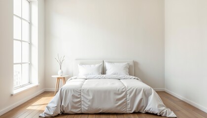 Fototapeta premium Cozy minimalistic bedroom with a white bedspread and natural light streaming through windows