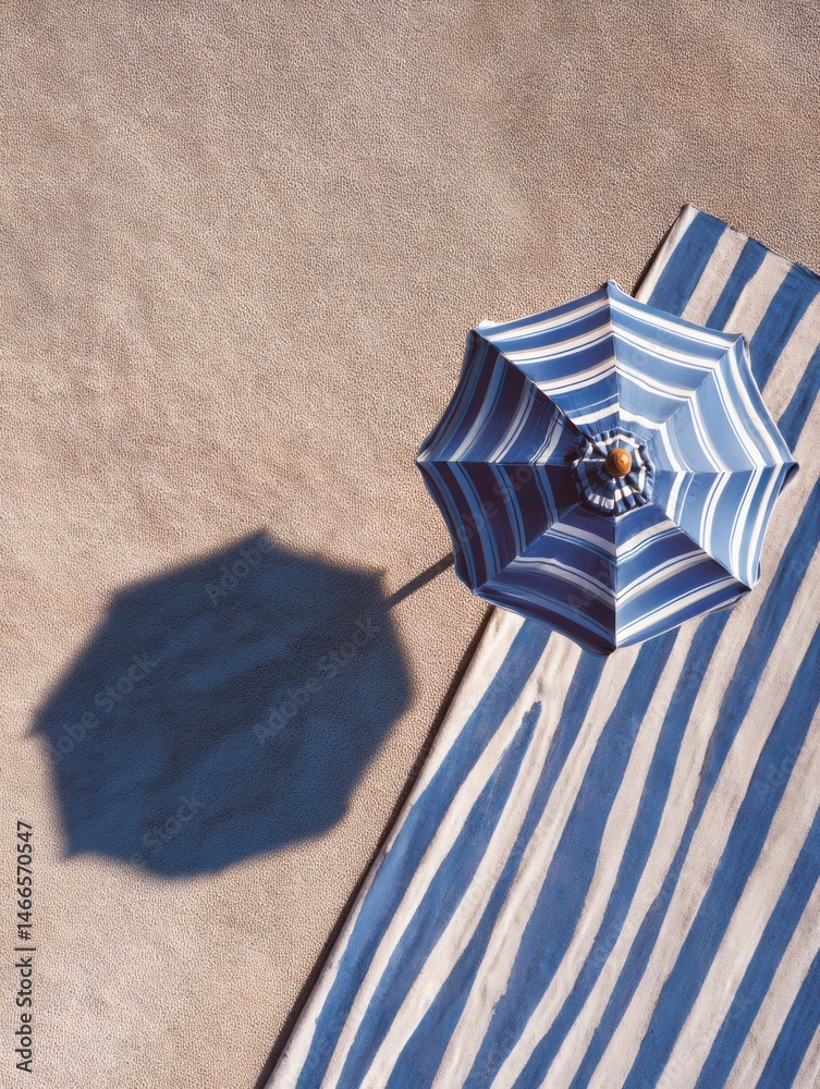 Poster Enjoying Sunny Beach Vibes With a Striped Towel and the Shadow of a Beach Umbrella Creating a Calming Atmosphere Generative AI