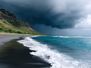 Fototapeta premium Dramatic black sand beach under a stormy sky