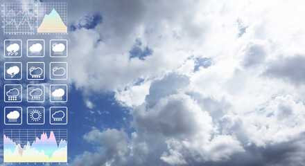 Closeup aerial view of dramatic cloudscape show variety of form and texture with graph and chart on beautiful tropical summer bright blue sky.