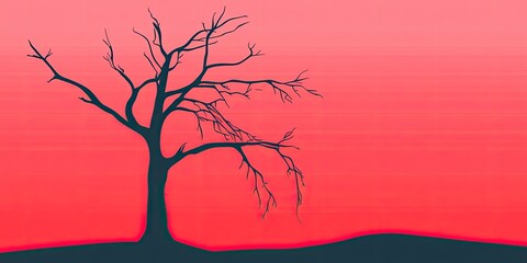 Crimson Silhouette Barren Tree Against Sunset Sky.