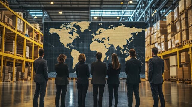 Business team observing global map in warehouse