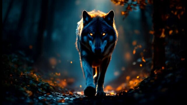 Wolf Walking in Dark Forest with Glowing Eyes Slow Motion