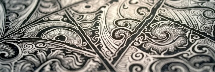 Intricate black and white abstract pattern with swirling details and floral motifs