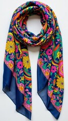 Vibrant floral scarf with colorful patterns and blue border