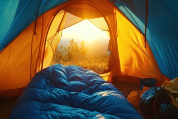 A colorful camping scene showcasing a cozy sleeping bag inside a tent at sunset