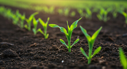 Young corn plants growing in a field.
